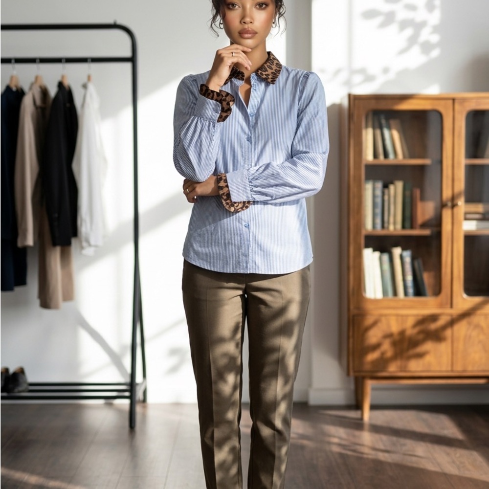 Womens Blue Pinstripe Shirt with Leopard Trim